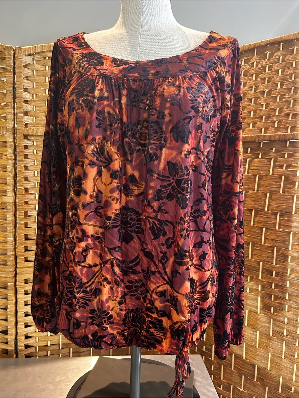 Chico’s Velvet Burnout Floral Blouse Burgundy Rust Boho Long Sleeve Autumn